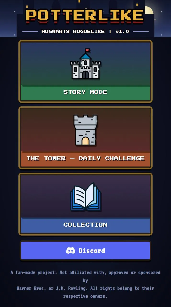 Potterlike main menu with Story Mode, The Tower daily challenge and Collection, and a note that it is a fan-made project