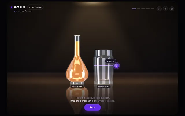 Pour #27 on a desktop: an amber-filled 321 ml flask beside an empty 422 ml tumbler, with the purple drag handle set on the tumbler and the Pour button below