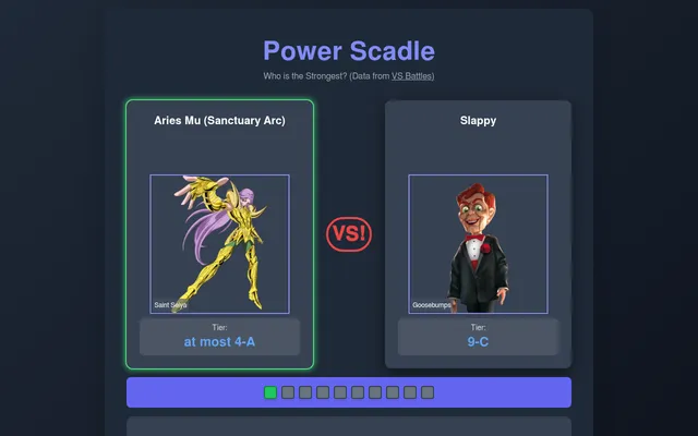 Power Scadle daily match after a pick: Aries Mu (Sanctuary Arc) from Saint Seiya, tier at most 4-A, beats Slappy from Goosebumps, tier 9-C, with the first of ten result boxes green