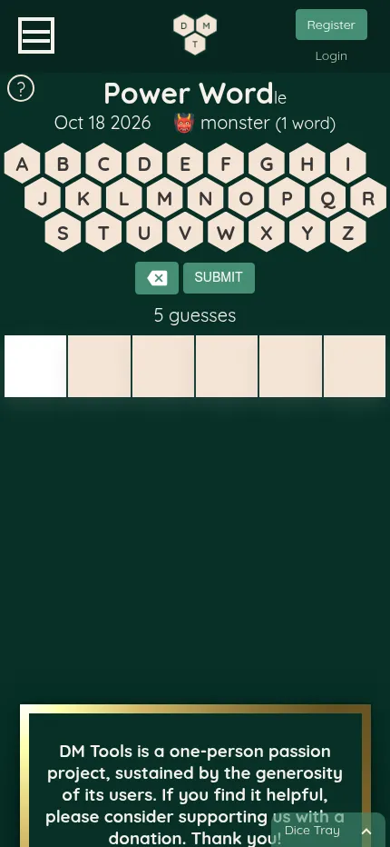 Power Word-le on a phone for Oct 18 2026: the monster clue, the hexagon keyboard in three rows and an empty six-letter row with 5 guesses