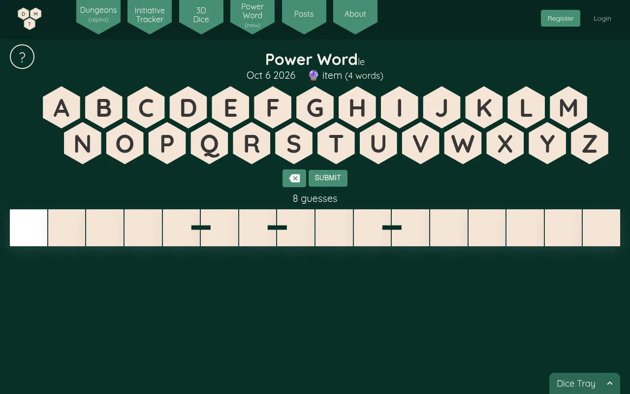 Power Word-le for Oct 6 2026: an item clue of four words, a hexagon letter keyboard, 8 guesses and an empty answer row with dashes marking the spaces