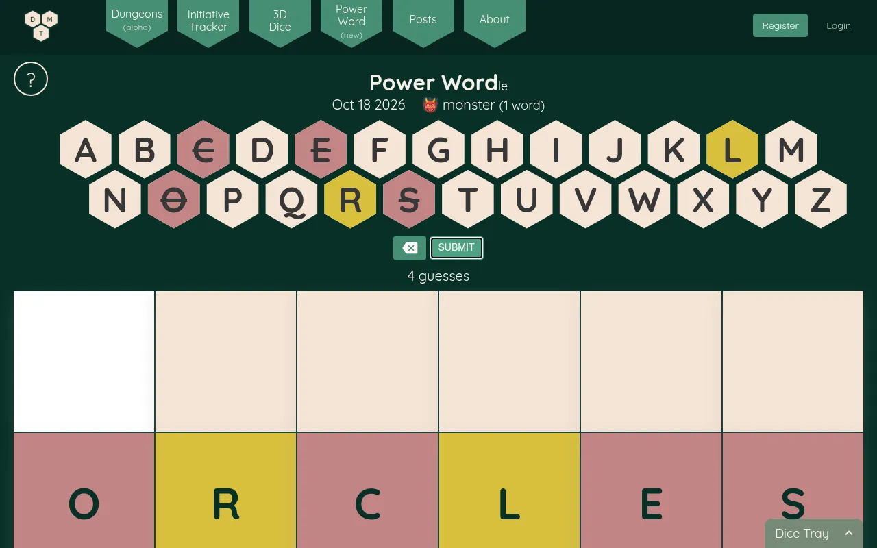 Power Word-le for Oct 18 2026, a one-word monster: the first guess ORCLES with R and L yellow and the rest red, the used letters marked on the hexagon keyboard, 4 guesses left