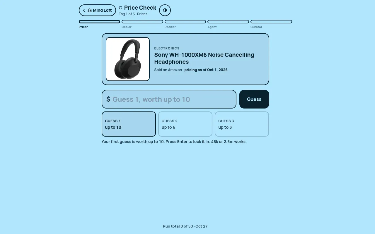 Price Check on October 27, 2026, tag 1 of 5 for Pricer: Sony WH-1000XM6 headphones sold on Amazon, a price box, a Guess button and three guesses worth up to 10, 6 and 3
