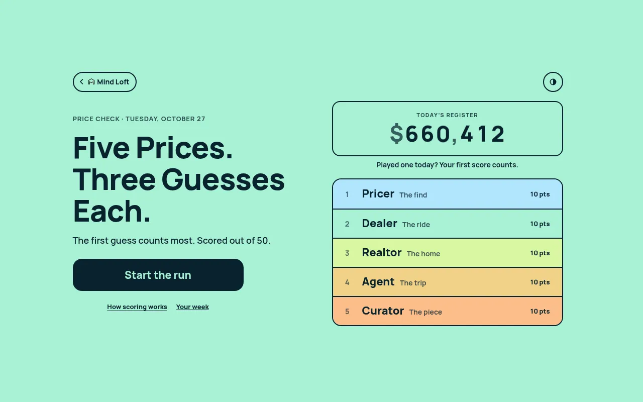 Price Check start screen for Tuesday, October 27, 2026: the day's register and the five tags Pricer, Dealer, Realtor, Agent and Curator at 10 points each, with Start the run