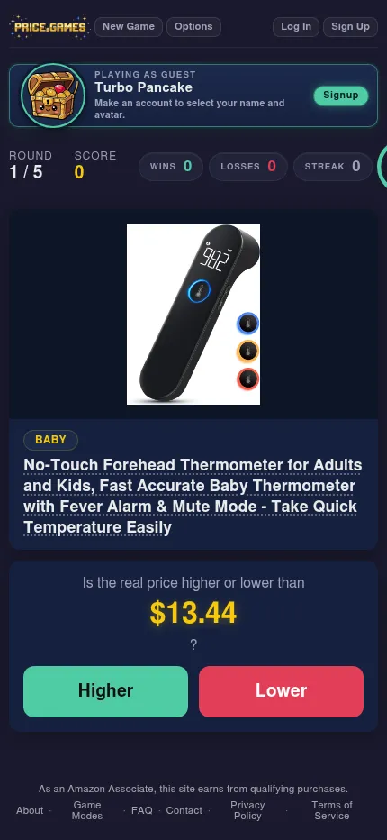 The same Price Games daily round at phone size, with Higher and Lower buttons under the product