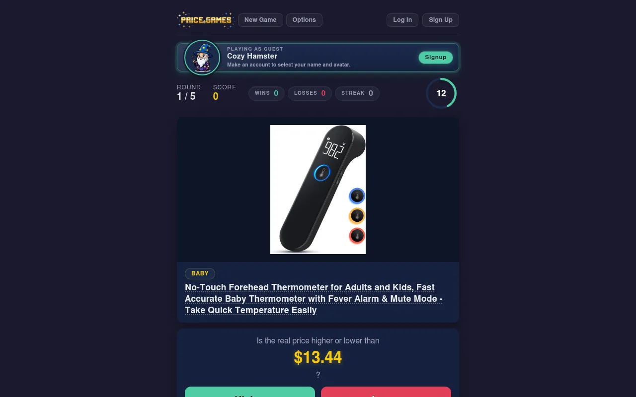 The Price Games Daily Challenge, round 1 of 5 in Higher or Lower: a forehead thermometer and the question whether its price is higher or lower than $13.44