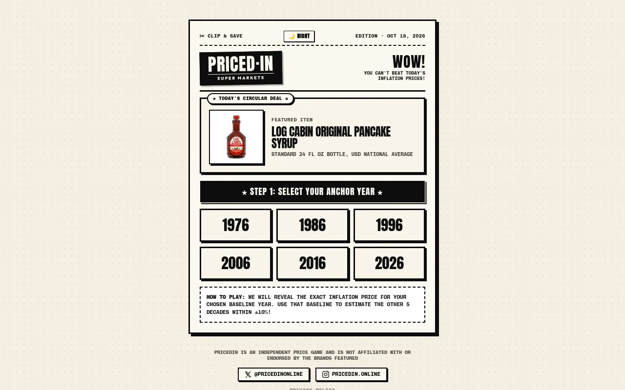 The PricedIn edition for Oct 18, 2026 before play, with the featured item and the six anchor-year buttons from 1976 to 2026
