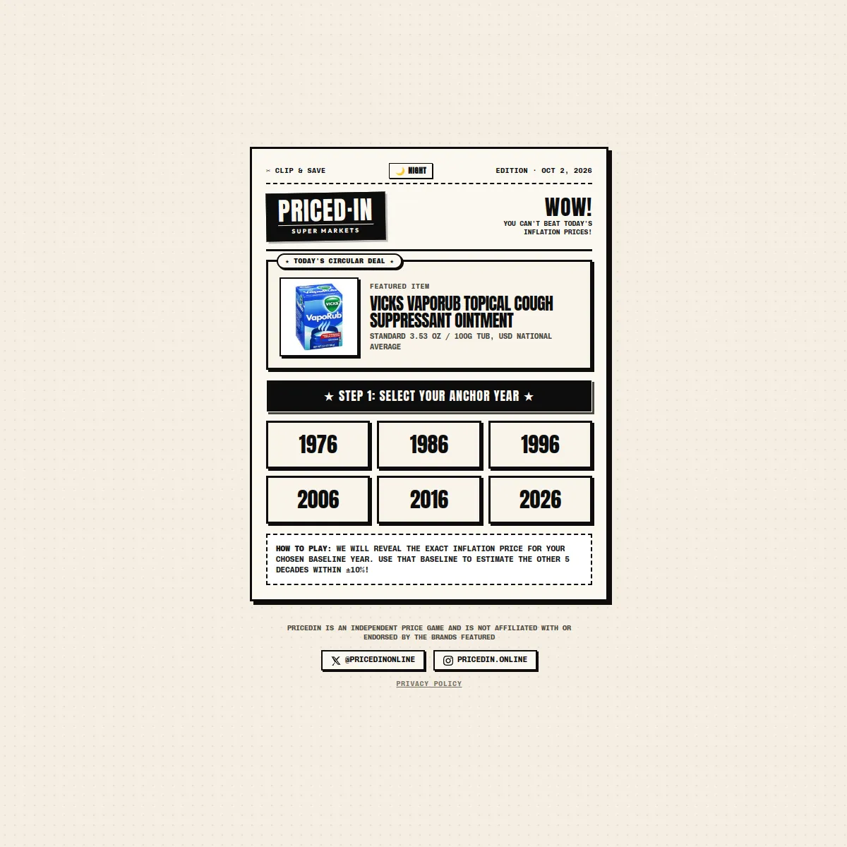 PricedIn edition for Oct 2, 2026 styled as a supermarket circular, featuring Vicks VapoRub with anchor-year buttons from 1976 to 2026 and the how-to-play note