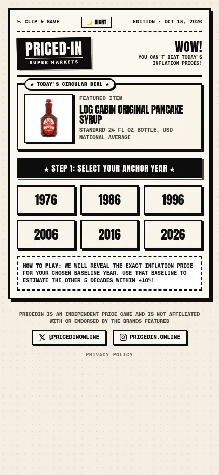 PricedIn on a phone screen, the Oct 18, 2026 circular with its anchor-year buttons