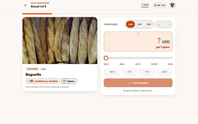PriceGuessr daily challenge, round 1 of 5: a photo of baguettes, 'Baguette, Landskrona, Sweden, 1 piece', and the price slider with USD, SEK and EUR buttons