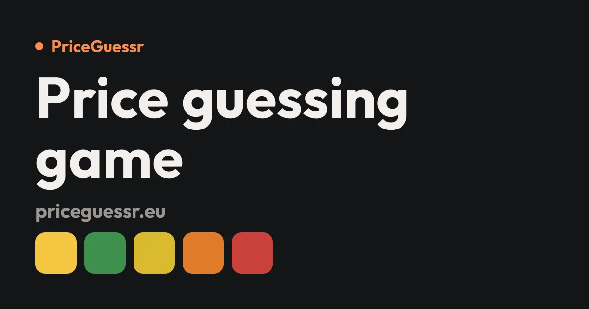PriceGuessr title card: 'Price guessing game', priceguessr.eu and a row of five coloured score tiles