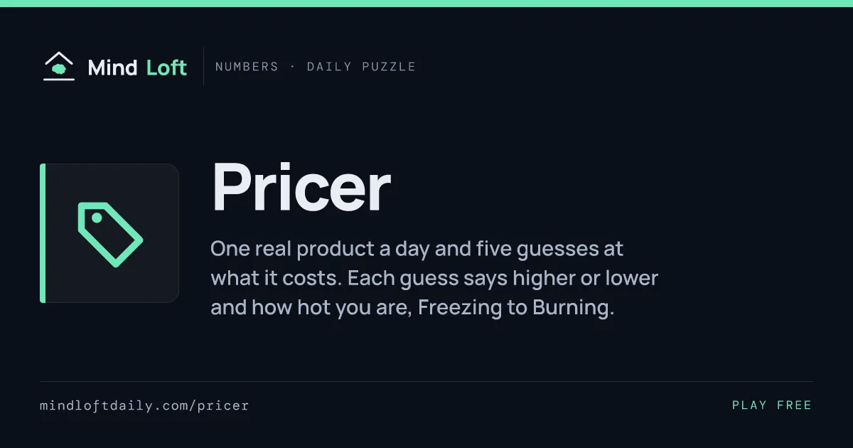 Pricer title card from Mind Loft, with the game's icon, name and a one-line description