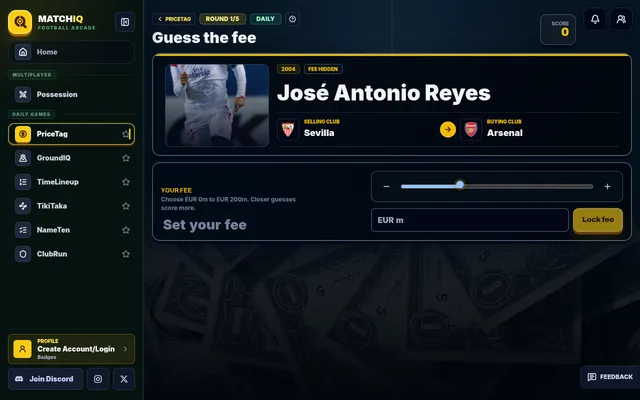 PriceTag daily, round 1 of 5: guess the fee for José Antonio Reyes's 2004 move from Sevilla to Arsenal, with a fee slider from EUR 0m to 200m, an EUR m box and a Lock fee button