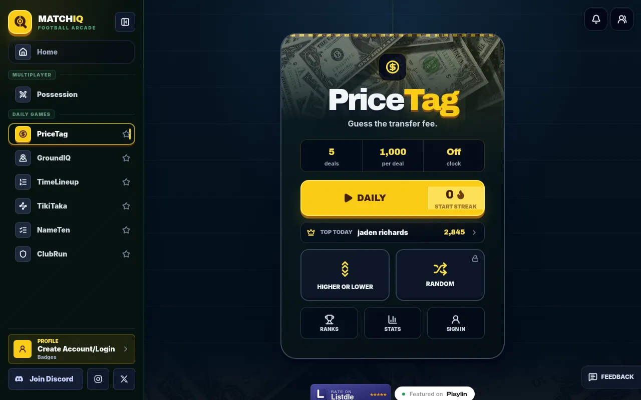 The PriceTag start screen on MatchIQ: "Guess the transfer fee", 5 deals, 1,000 points per deal, clock off, a Daily button with streak, and Higher or Lower and Random modes