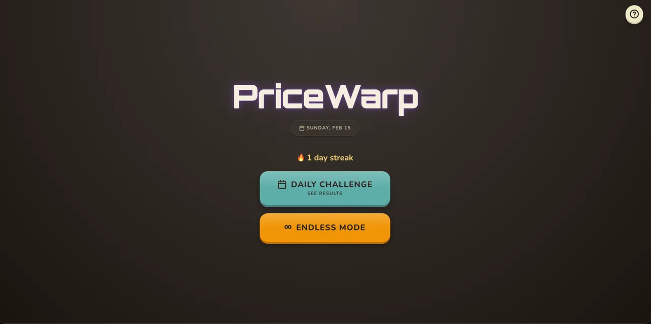 The PriceWarp start screen with the date, a 1 day streak and buttons for Daily Challenge and Endless Mode