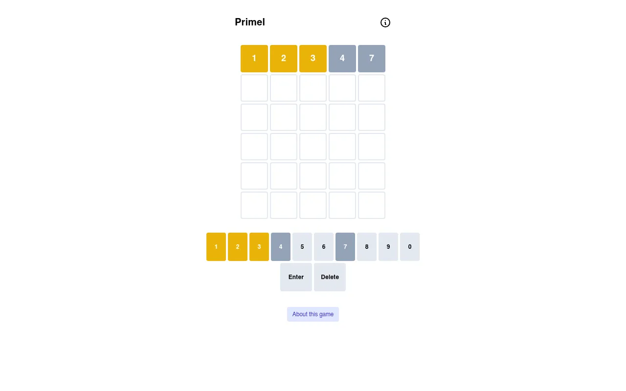 Primel's board at desktop size after a first guess, 12347: the 1, 2 and 3 tiles yellow, 4 and 7 grey, above the number keypad