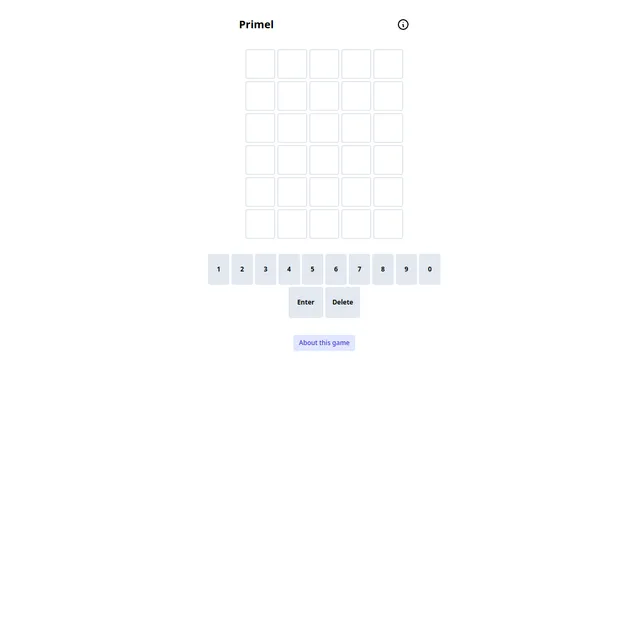 Primel start screen: an empty five-by-six grid above a numeric keypad with Enter and Delete