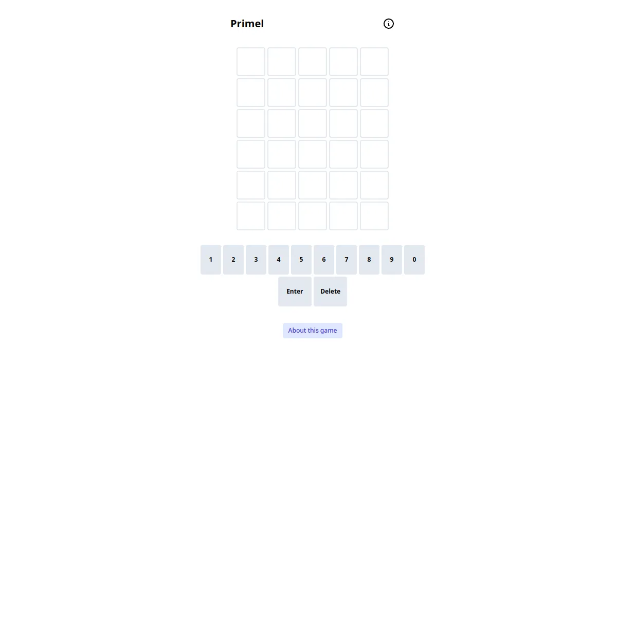 Primel start screen: an empty five-by-six grid above a numeric keypad with Enter and Delete