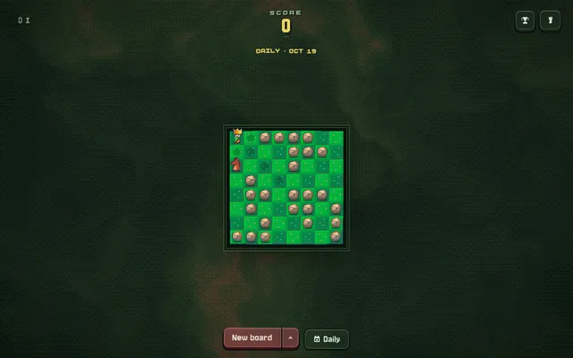 Prince Chazz daily board for Oct 19: the crowned prince in a corner of a green 8x8 forest grid strewn with rocks, a knight two squares below him