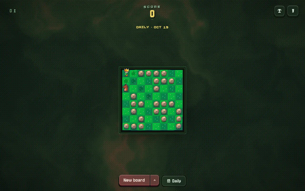 Prince Chazz daily board for Oct 19: the crowned prince in a corner of a green 8x8 forest grid strewn with rocks, a knight two squares below him