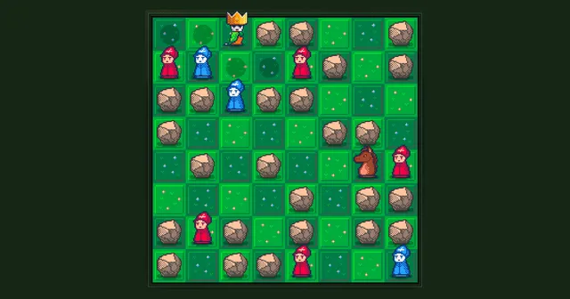 Prince Chazz board: a crowned prince on a pixel-art forest grid with rocks and red and blue enemy pieces and a knight