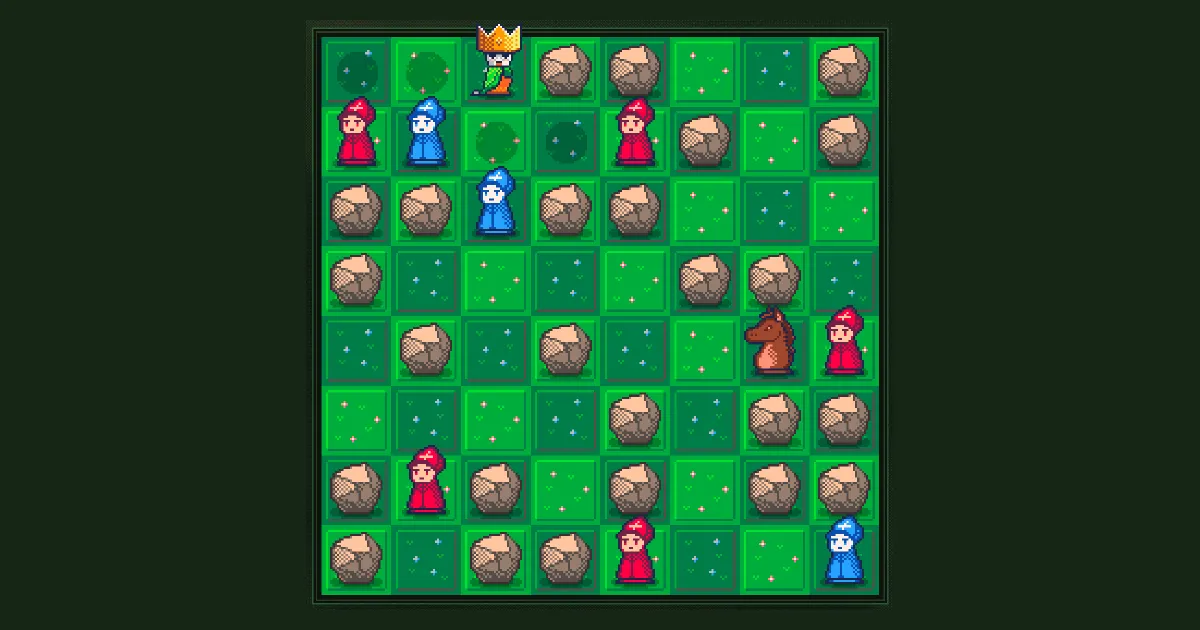 Prince Chazz board: a crowned prince on a pixel-art forest grid with rocks and red and blue enemy pieces and a knight