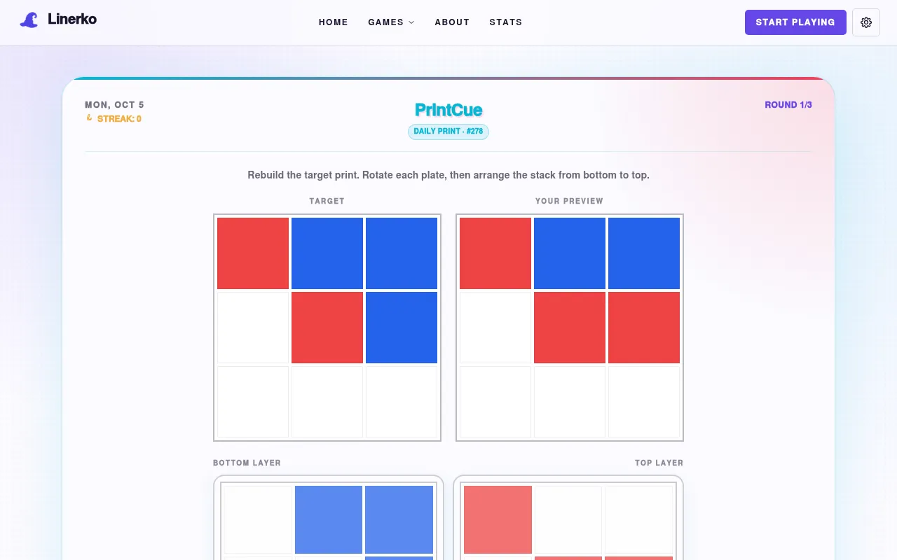 PrintCue daily print number 278, round 1 of 3: a target grid of red and blue squares beside the player's preview, with the bottom and top layer plates below