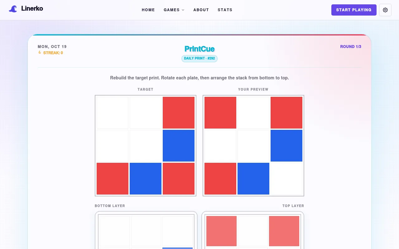 PrintCue daily print #292 for Mon, Oct 19, round 1 of 3: a 3x3 target of red and blue squares beside the player's preview, with the bottom and top layer plates below