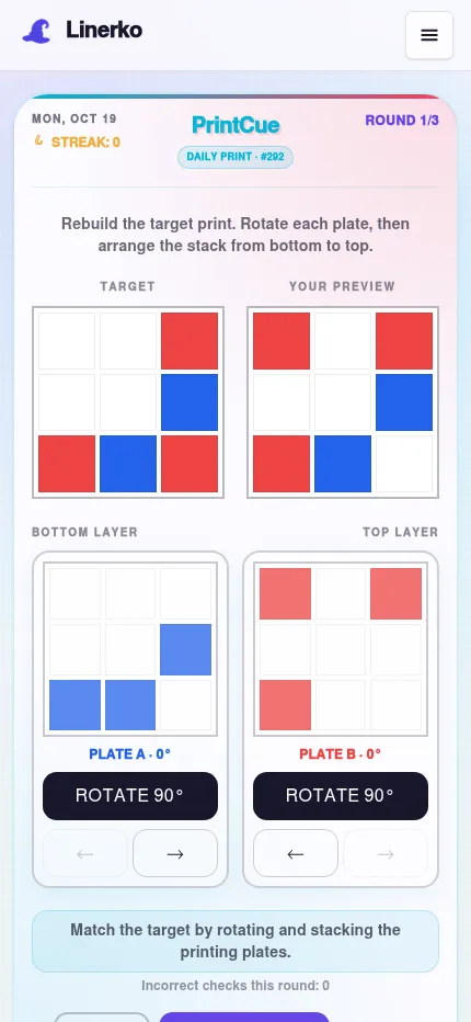 PrintCue #292 on a phone: target and preview grids side by side, then a blue and a red plate each with a Rotate 90 button and arrows to reorder the stack