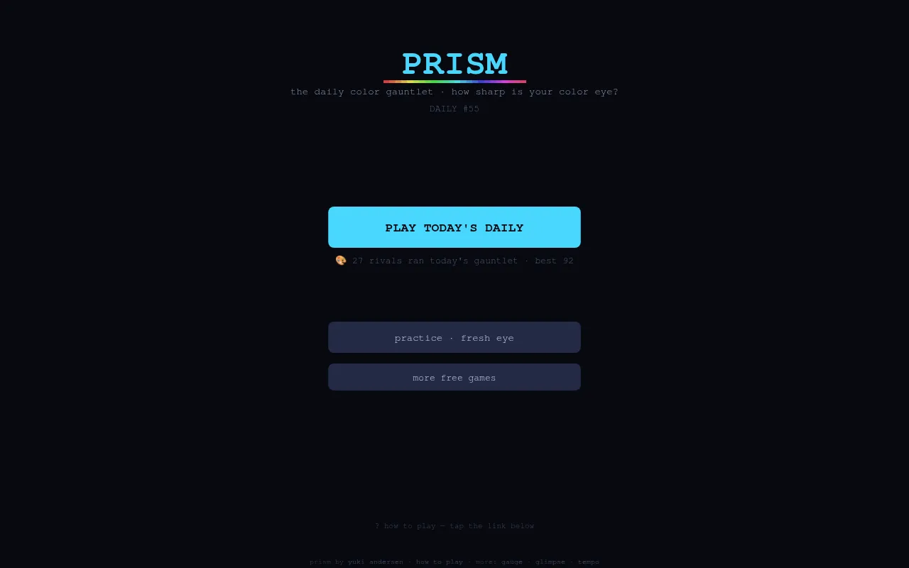 Prism's start screen for Daily #55: the PRISM title over a rainbow line, a Play Today's Daily button, 27 players and a best score of 92 so far, and practice below