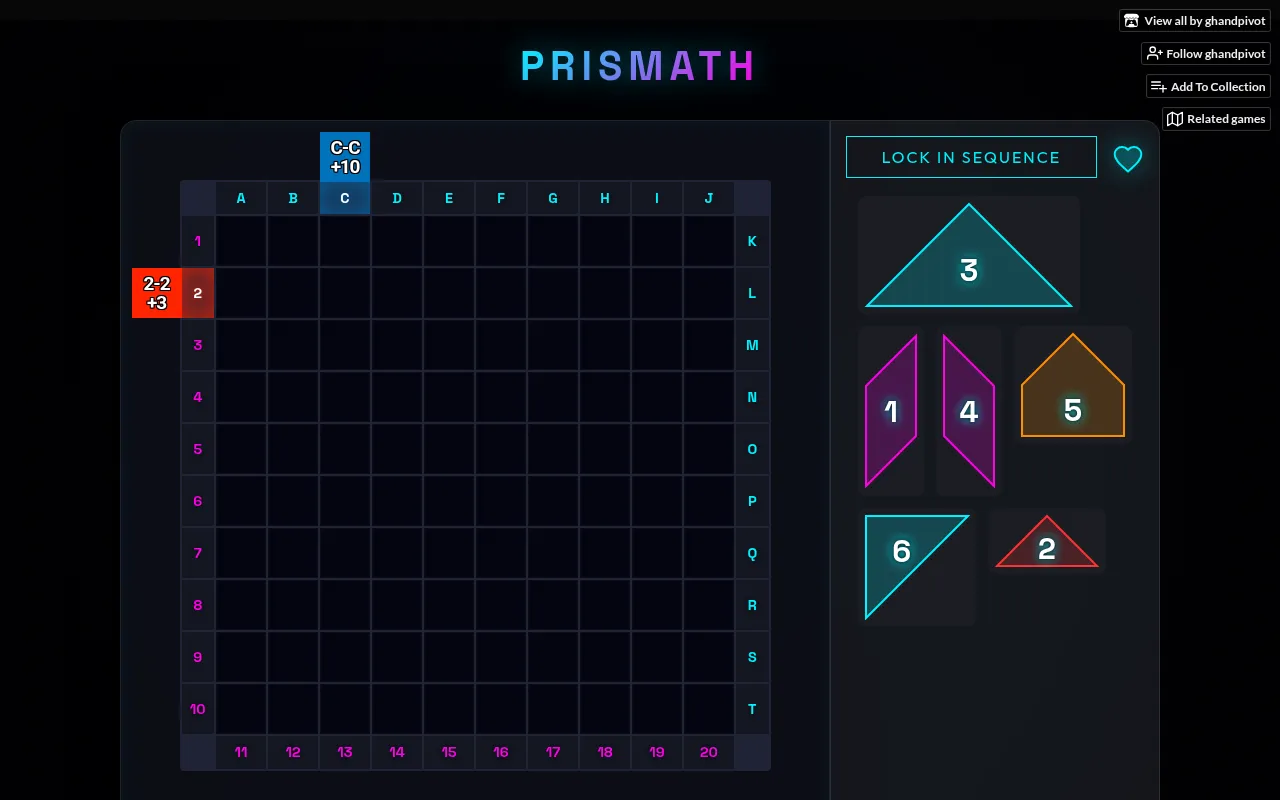 Prismath's daily grid for 29 October 2026 (Extreme): two lasers fired, 2-2 +3 and C-C +10, beside the inventory of six numbered prisms