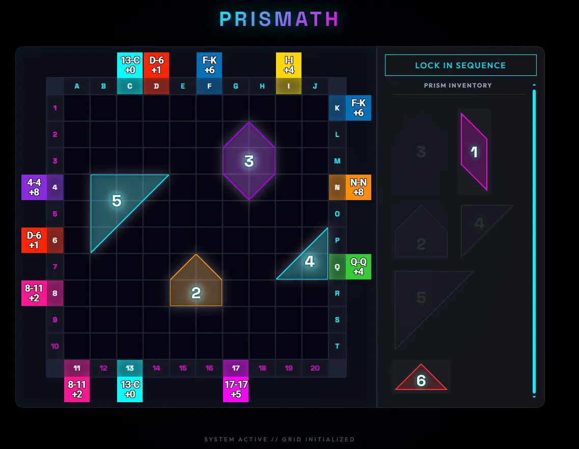 Prismath 10x10 grid with numbered prisms placed, coloured laser results such as F-K +6 on the border, and the prism inventory beside it