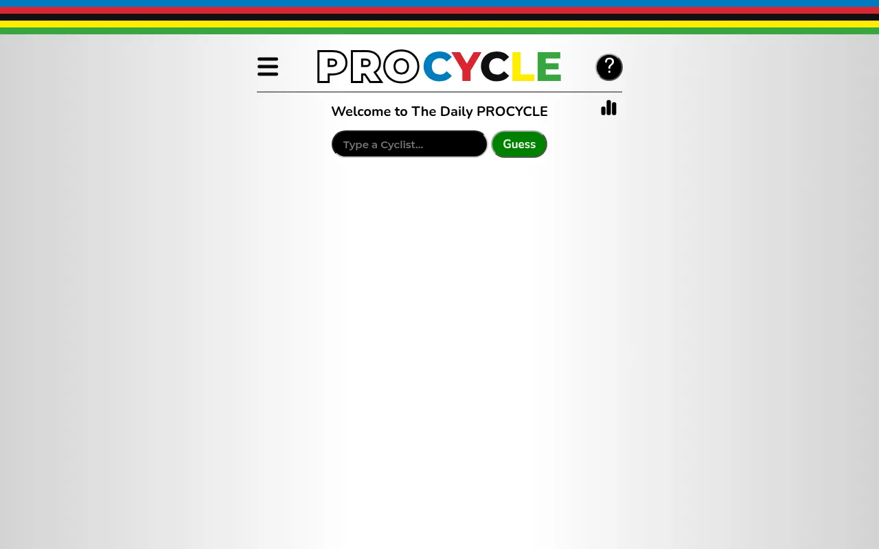 The Daily PROCYCLE board: a Type a Cyclist box and a Guess button under the logo