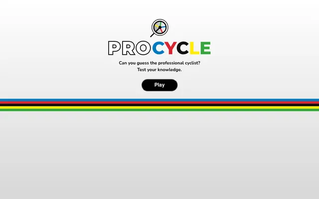 PROCYCLE's title screen: the PROCYCLE logo in rainbow-band colours with a wheel under a magnifying glass, the line Can you guess the professional cyclist, and a Play button
