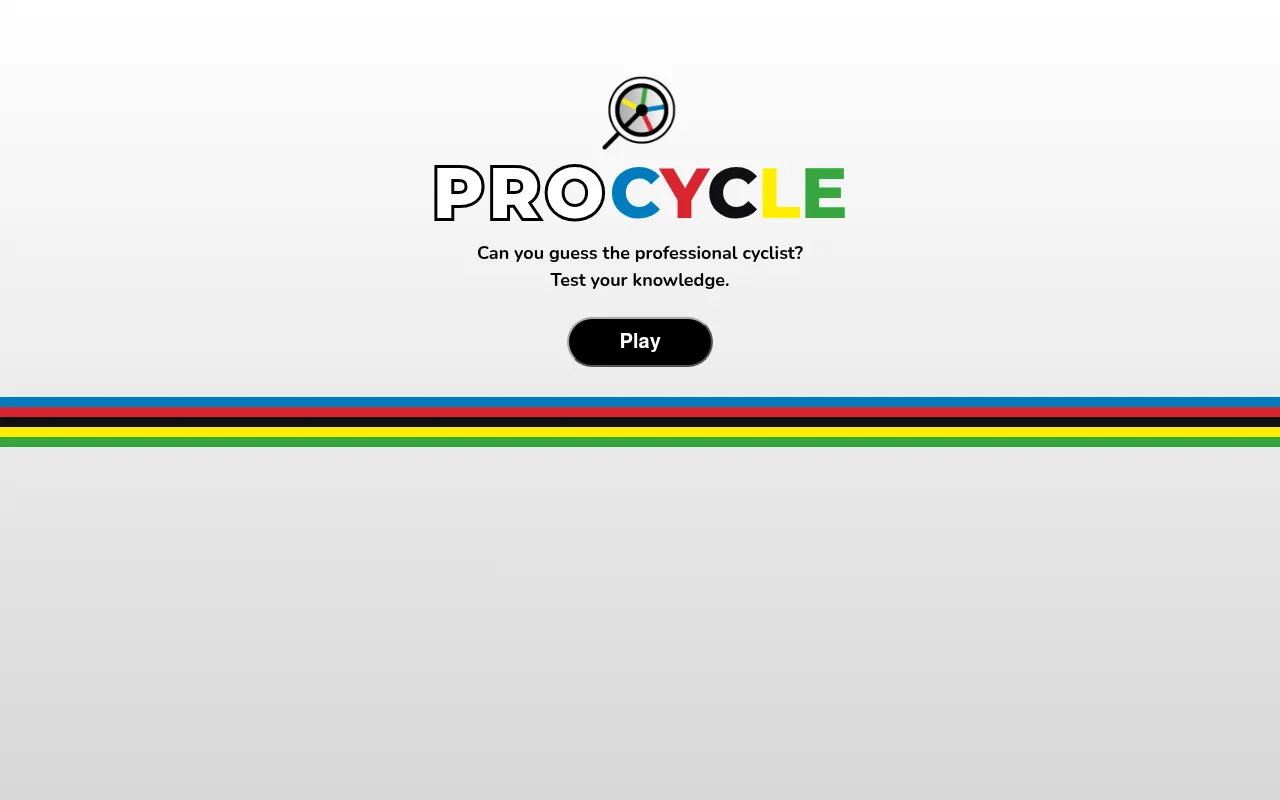 PROCYCLE's title screen: the PROCYCLE logo in rainbow-band colours with a wheel under a magnifying glass, the line Can you guess the professional cyclist, and a Play button