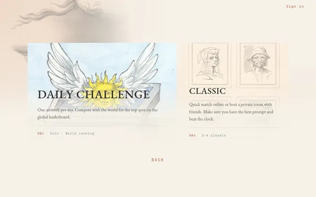 Prompetitor's mode screen: Daily Challenge, one artwork per day with a 90 second solo world ranking, beside Classic for 2 to 4 players, over engraved artworks