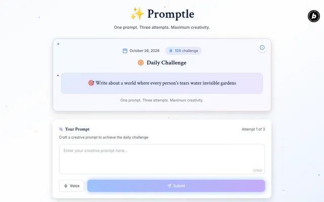 Promptle Daily Challenge #124 for October 26, 2026: Write about a world where every person's tears water invisible gardens, with the empty prompt box on attempt 1 of 3