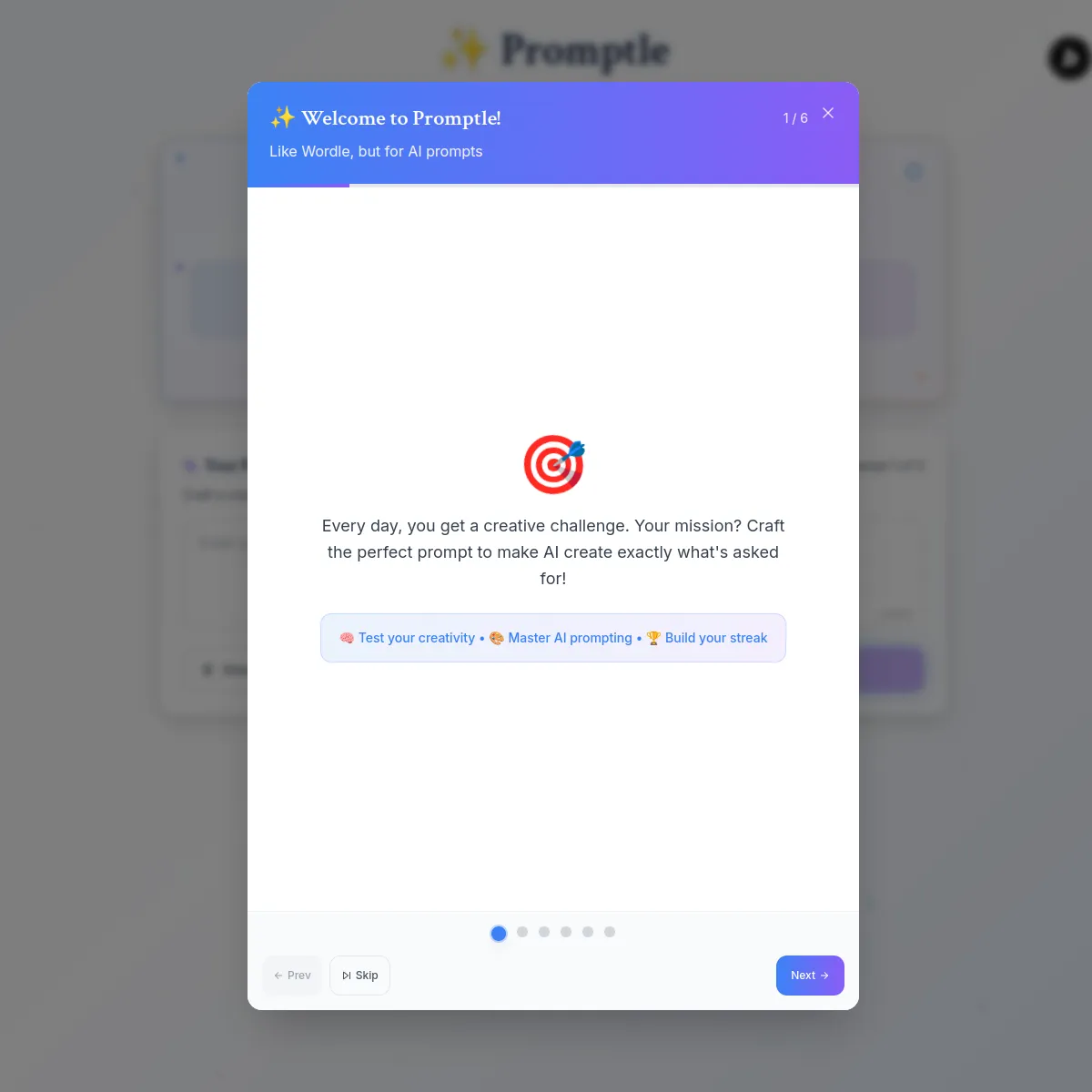 Promptle welcome dialog 'Like Wordle, but for AI prompts' explaining that every day there is a creative challenge to craft a prompt for