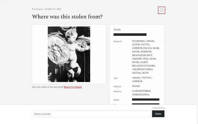 Provenance board for 21 October 2026: a black and white photo of a carved wooden cherub beside a list of keywords, type and materials, with the country guess box below