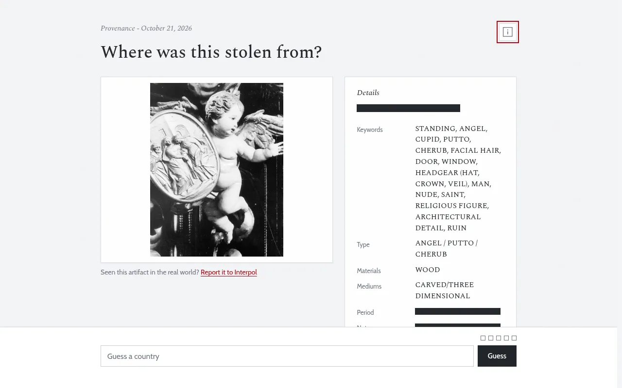 Provenance board for 21 October 2026: a black and white photo of a carved wooden cherub beside a list of keywords, type and materials, with the country guess box below