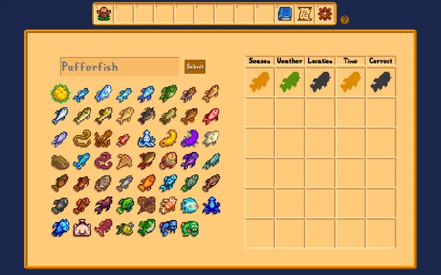 Pufferdle daily board: a grid of Stardew Valley fish to pick from, and a first guess scored in Season, Weather, Location, Time and Correct columns