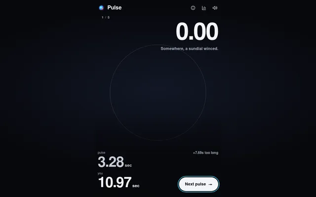Pulse after round 1 of 5 of the 27 October 2026 daily: a pulse of 3.28 seconds beside a hold of 10.97 seconds, scored 0.00, with the Next pulse button