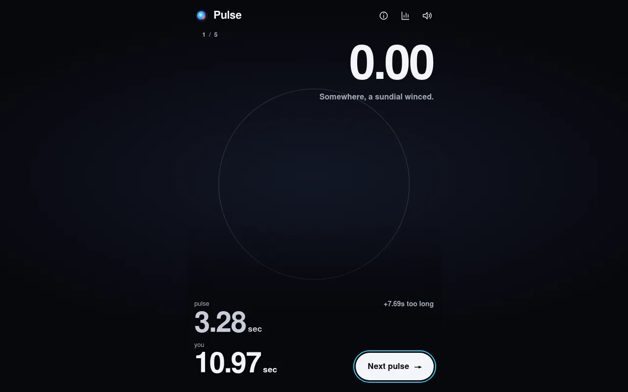 Pulse after round 1 of 5 of the 27 October 2026 daily: a pulse of 3.28 seconds beside a hold of 10.97 seconds, scored 0.00, with the Next pulse button