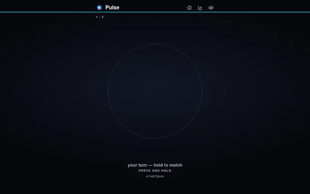 Pulse in play on pulse 1 of 5: the orb's outline after its flash, with the prompt your turn, hold to match, press and hold
