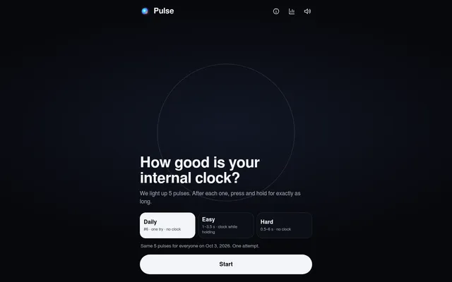 The Pulse start screen: a faint orb outline above the Daily, Easy and Hard choices and the note 'Same 5 pulses for everyone on Oct 3, 2026. One attempt.'
