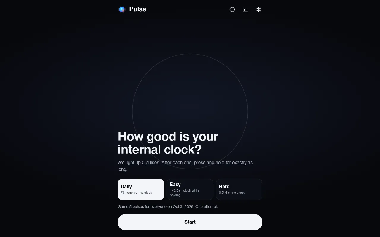 The Pulse start screen: a faint orb outline above the Daily, Easy and Hard choices and the note 'Same 5 pulses for everyone on Oct 3, 2026. One attempt.'