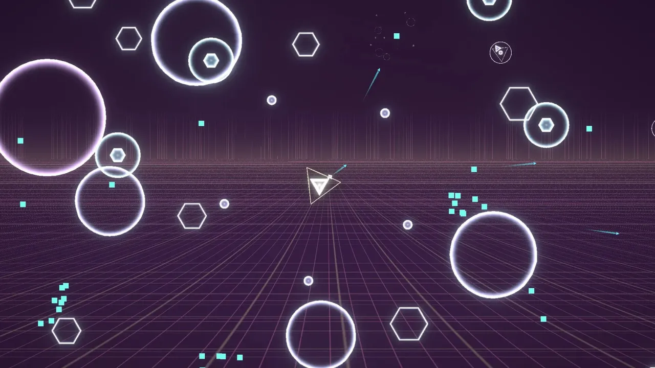 Pulse://Void: a ship surrounded by neon enemies in a grid arena