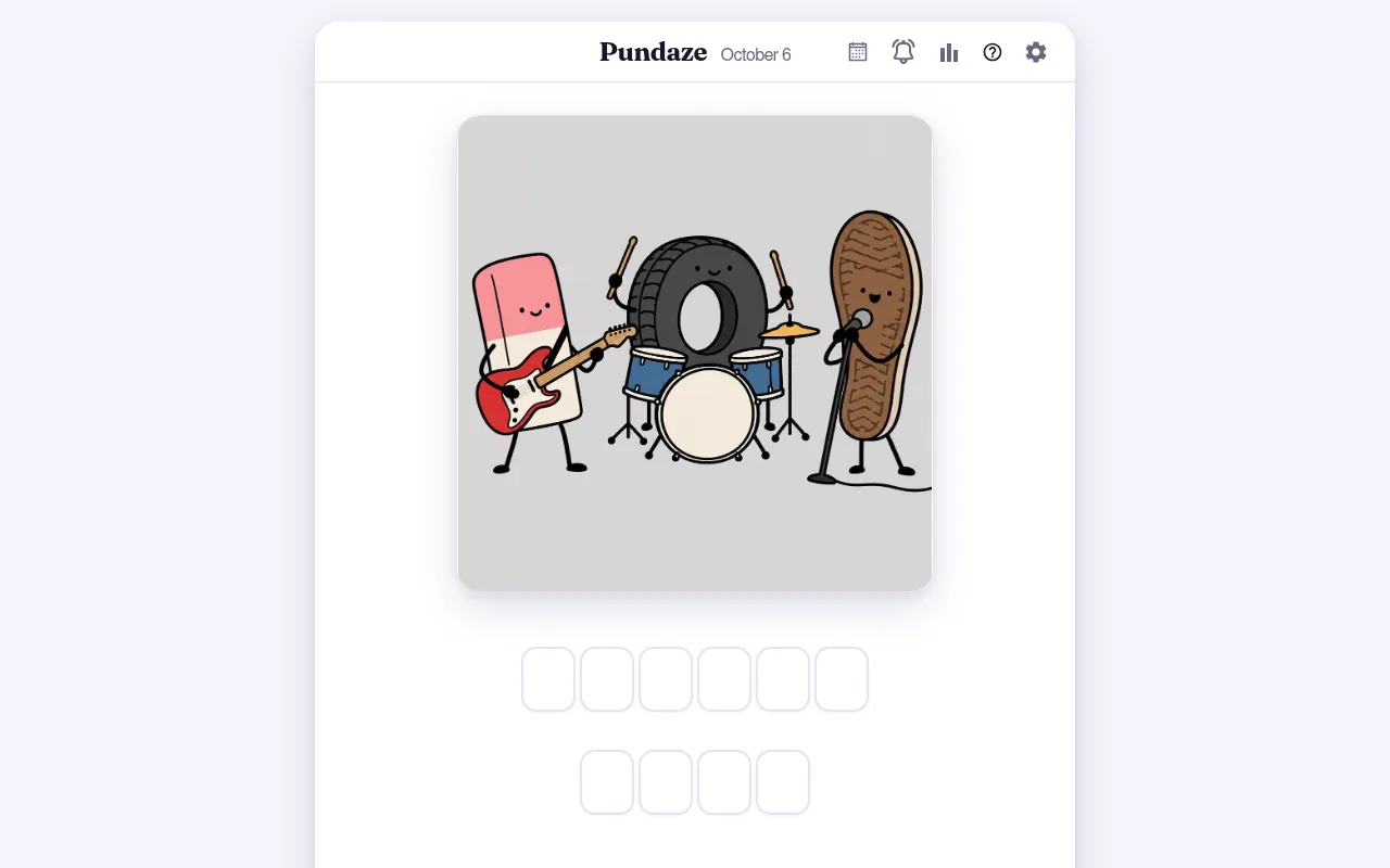 Pundaze for October 6: a cartoon band of an eraser on guitar, a tyre on drums and a shoe sole at the microphone, above two rows of empty letter boxes