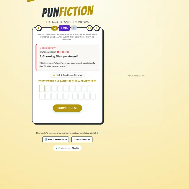 PunFiction 1-Star Travel Reviews challenge #091: a review titled 'A Glaze-ing Disappointment!' with a hint button and empty letter boxes for the parody location