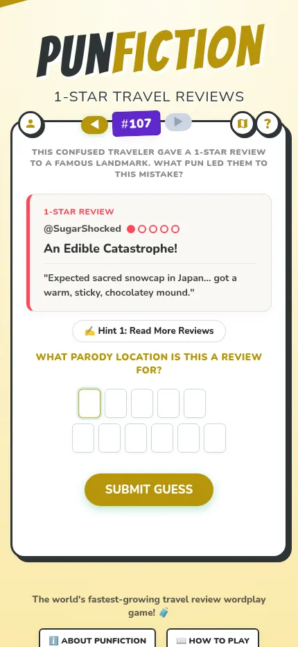1-Star Travel Reviews #107 at phone size: the review card, Read More Reviews hint and two rows of letter boxes above Submit Guess